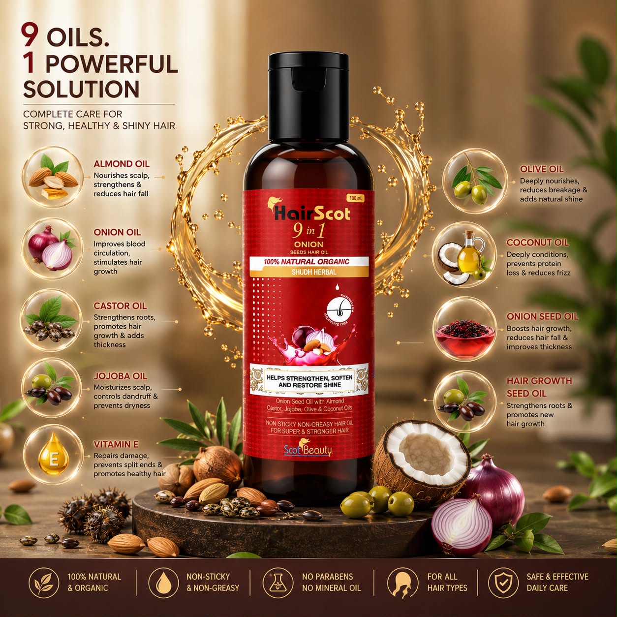 HairScot 9 in 1 Onion Hair Oil with Natural Herbal Oils (100ml)